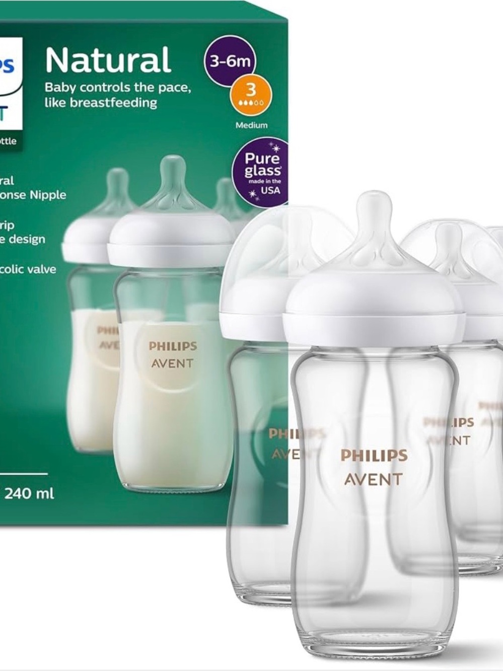 Philips Avent Natural Glass Baby Bottles with White Caps - Pack of 3